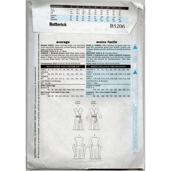 Butterick 5206 Sewing Pattern 8 10 12 14 Dress Wrap Bodice Knee Length NEW UNCUT - Picture 2 of 2